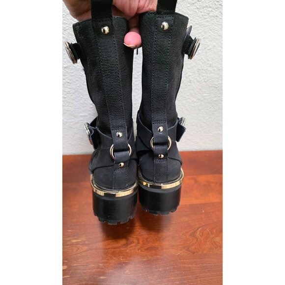 Vince Camuto Kerivini Black Leather Mid-Calf Boots Straps & Buckle Size 7.5 - Picture 4 of 9